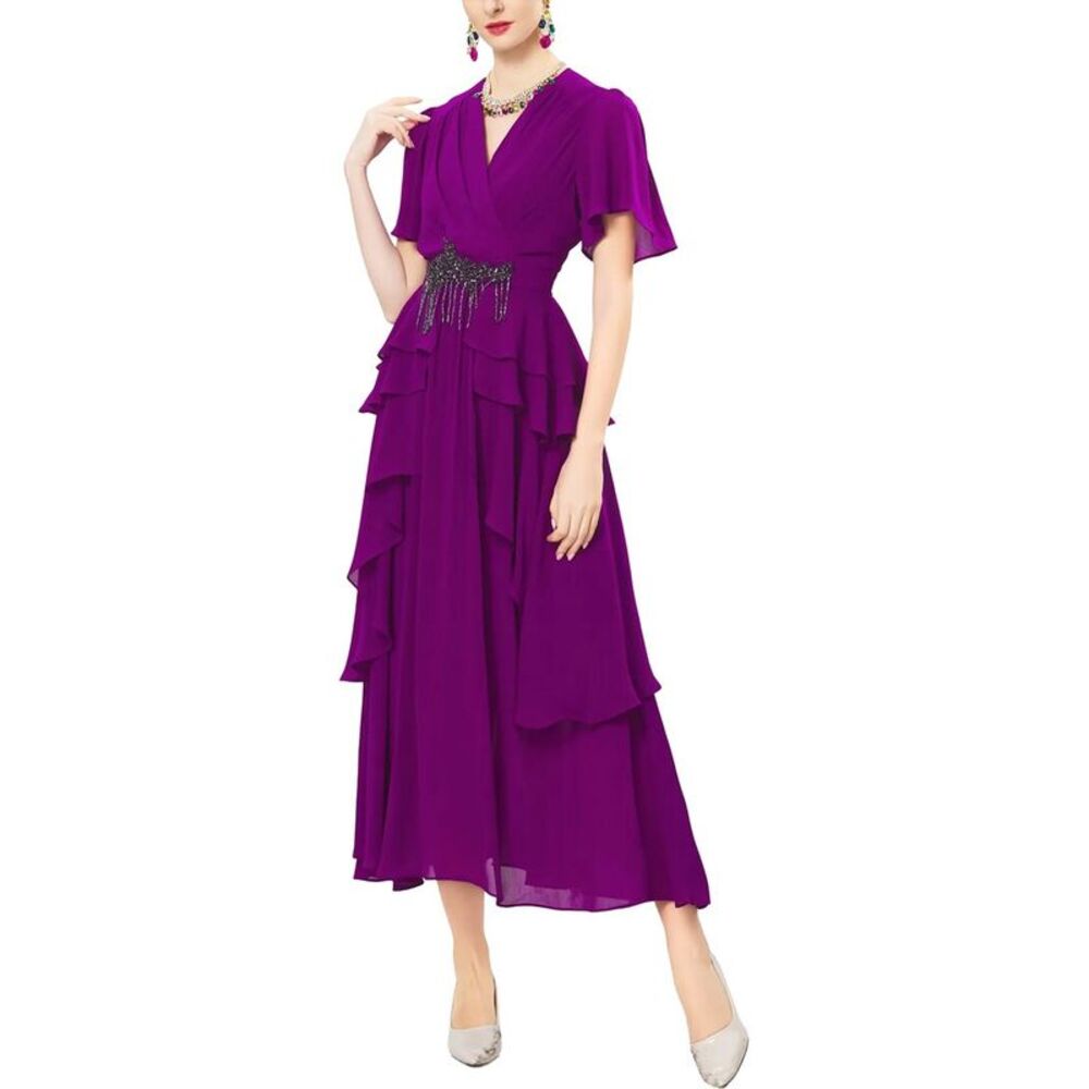 Burryco Womens  Short Sleeve Midi Dress, Purple